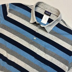 Patagonia Organic Cotton Striped Polo Shirt Men's XL Blue Gray Navy Short Sleeve